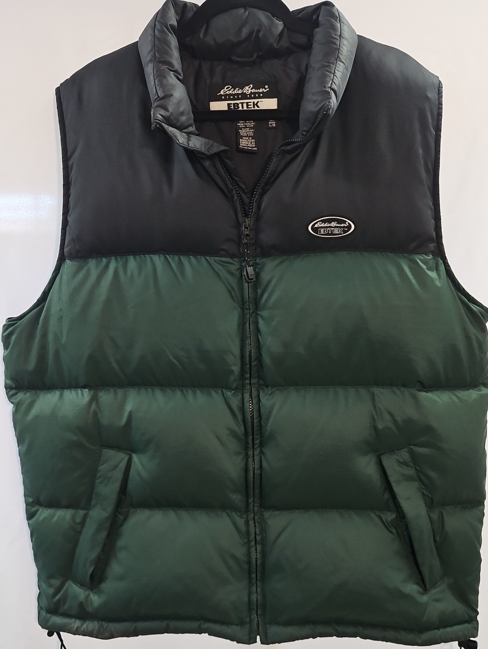 Eddie Bauer EBTEK Mens L Green Black Goose Down Puffer Vest Outdoor 90s